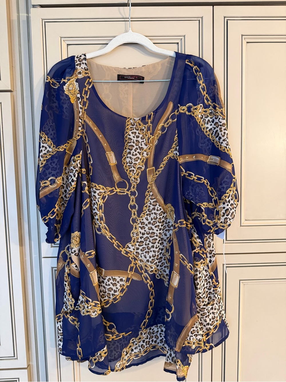 NWT Lucy Love Navy Chiffon Tiered Tunic Baroque Blouse Gold Chain Leopard Print